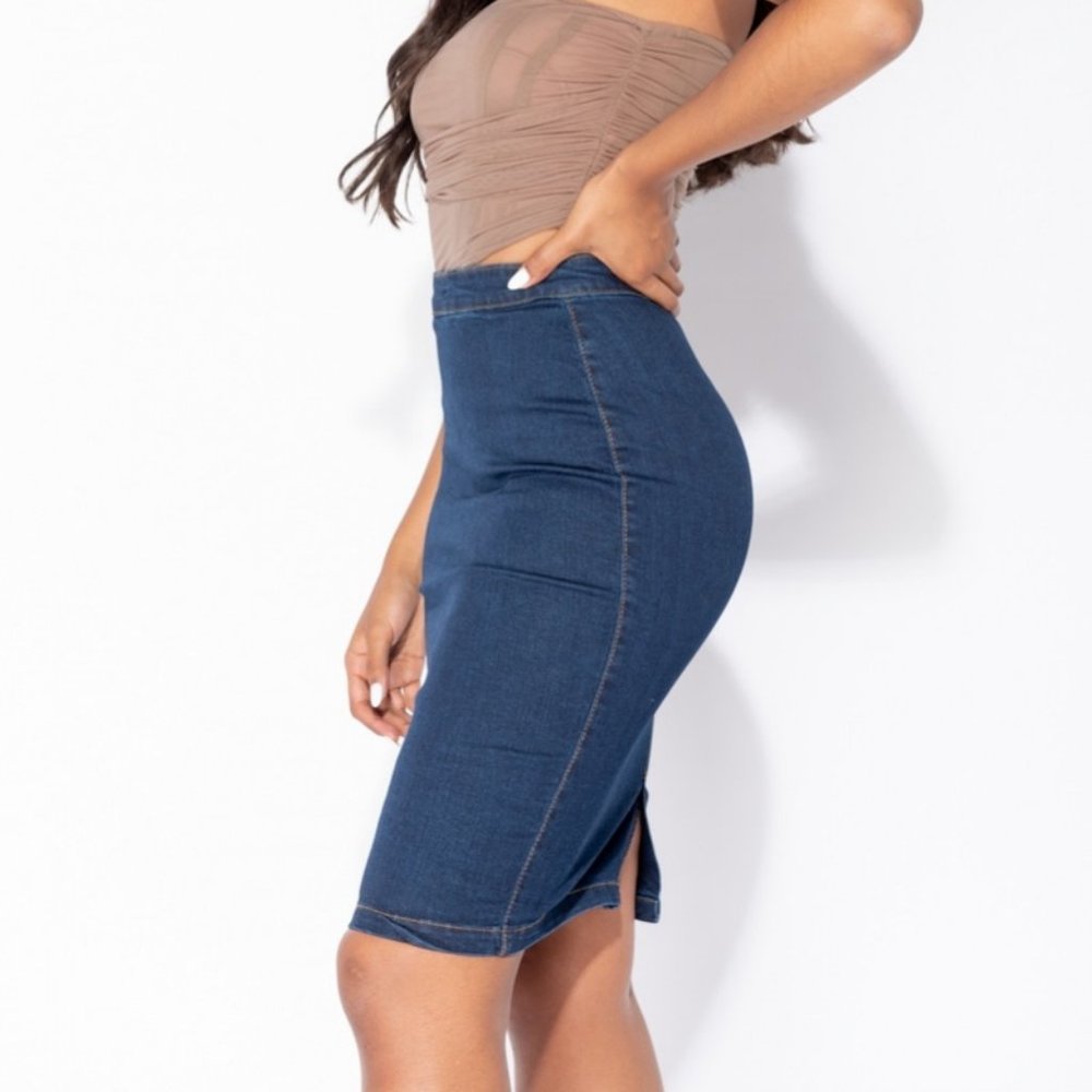 High Waist Denim Jeans Bodycon Pencil Midi Skirt - Picture 3 of 7